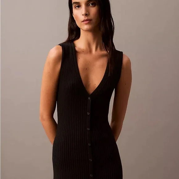 Calvin Klein smooth cotton rib sweater midi v neck dress - Picture 2 of 4
